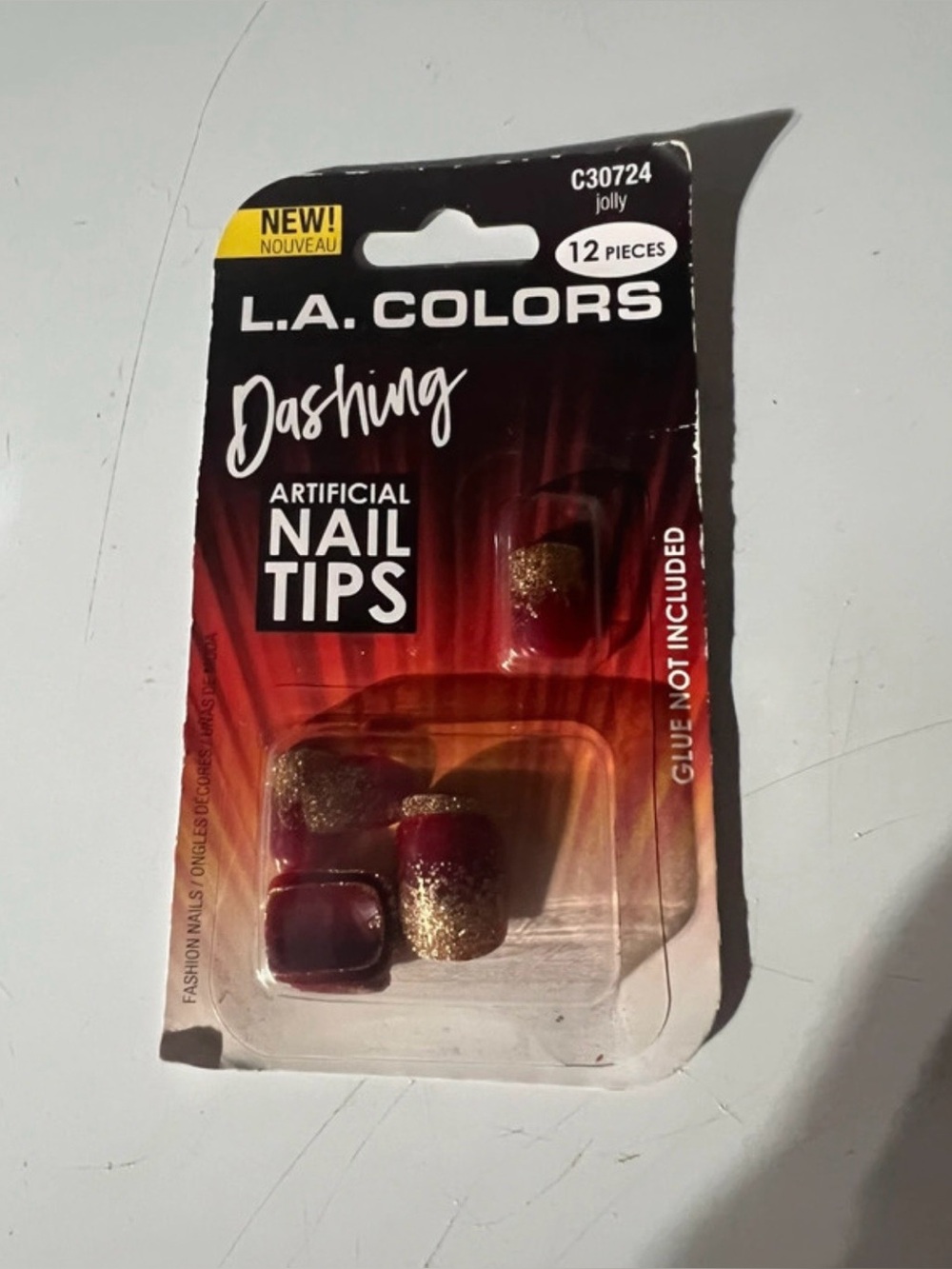L.A. Colors Artificial Nail Tips Red/Gold Glitter Square Short 12pc